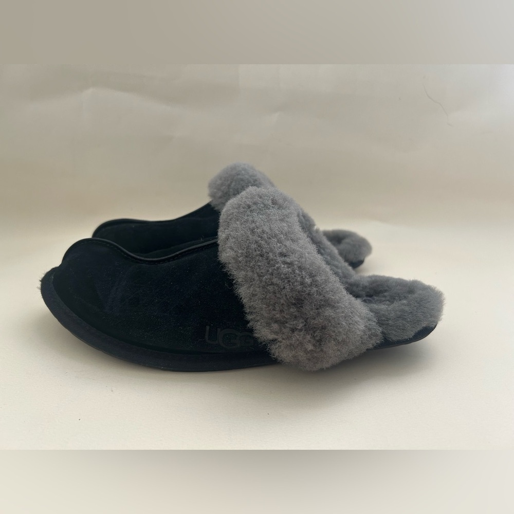 UGG Black Suede Slides with Gray Shearling Trim